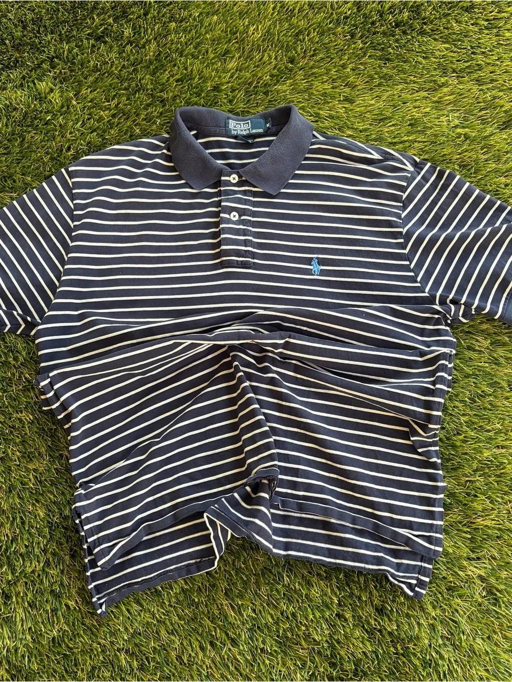 Polo Ralph Lauren Navy White Striped Polo Shirt Blue Pony Logo Size M